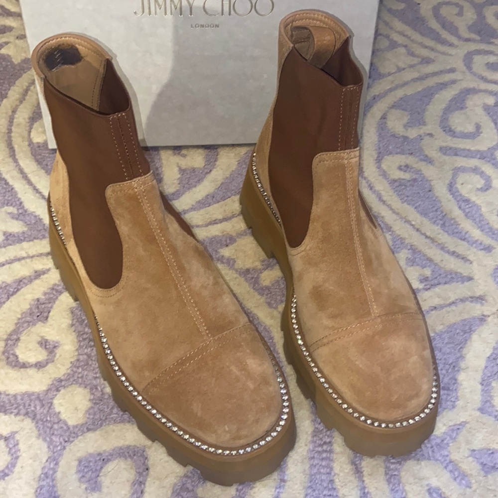 Jimmy Choo Clayton Tan Suede boots size 41 fit USA 10 best JC runs small